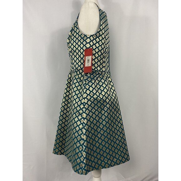 Carmen Marc Valvo Green Dress Gold Flower Women Size 8 $328 - Picture 4 of 5